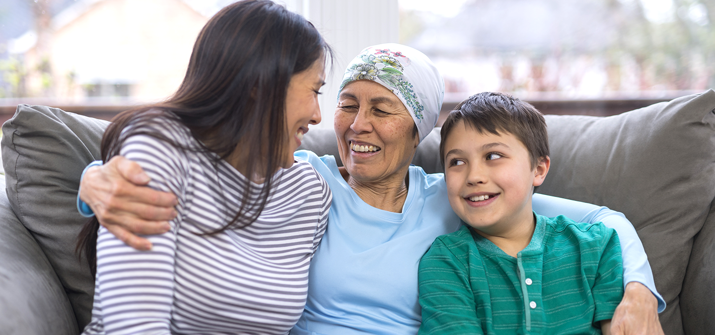 t Mother in headscarf with adult daughter and grandson