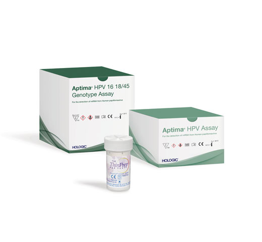 Two HPV assay boxes and a ThinPrep vial