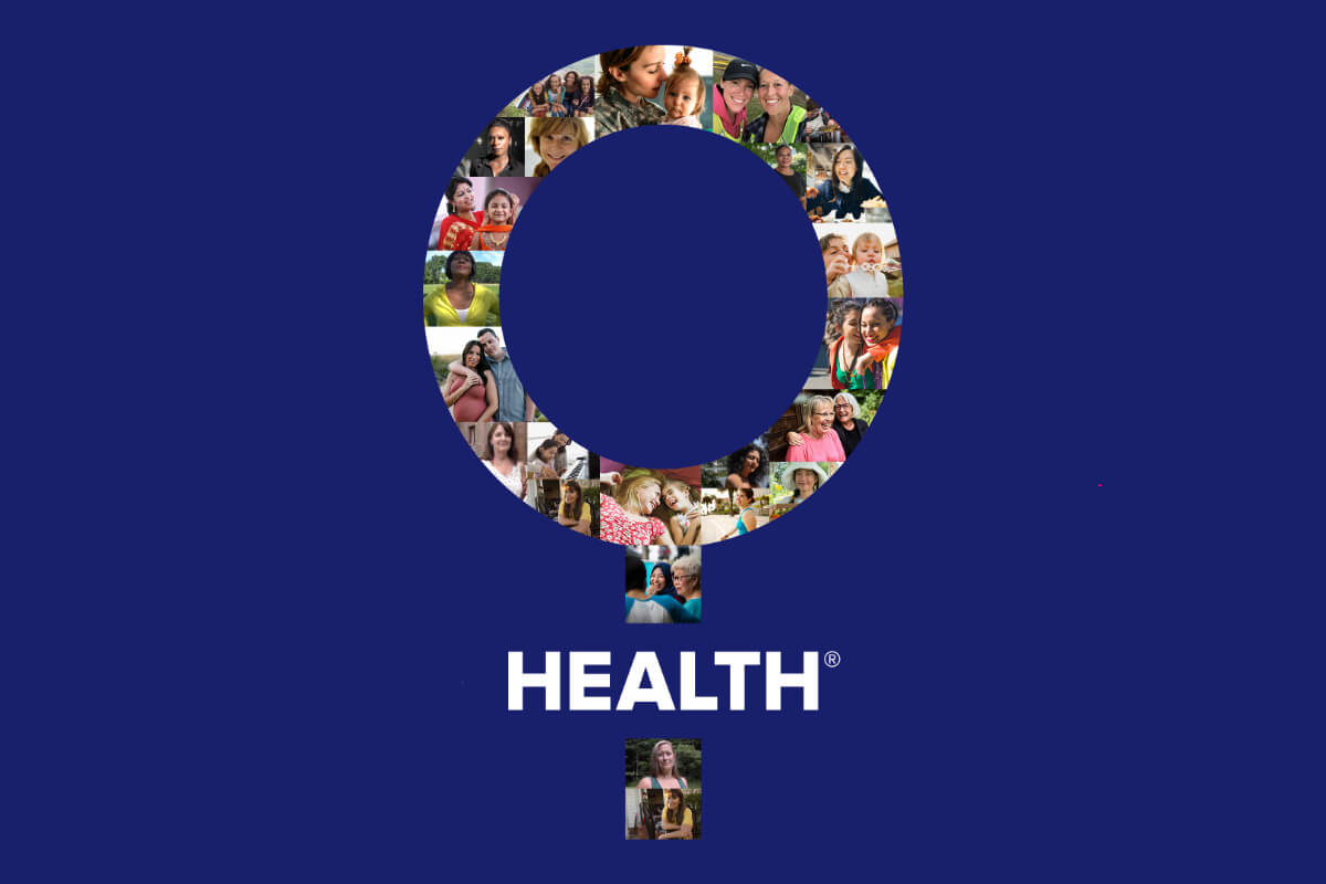 Blue background with women's health symbol and the word "Health".