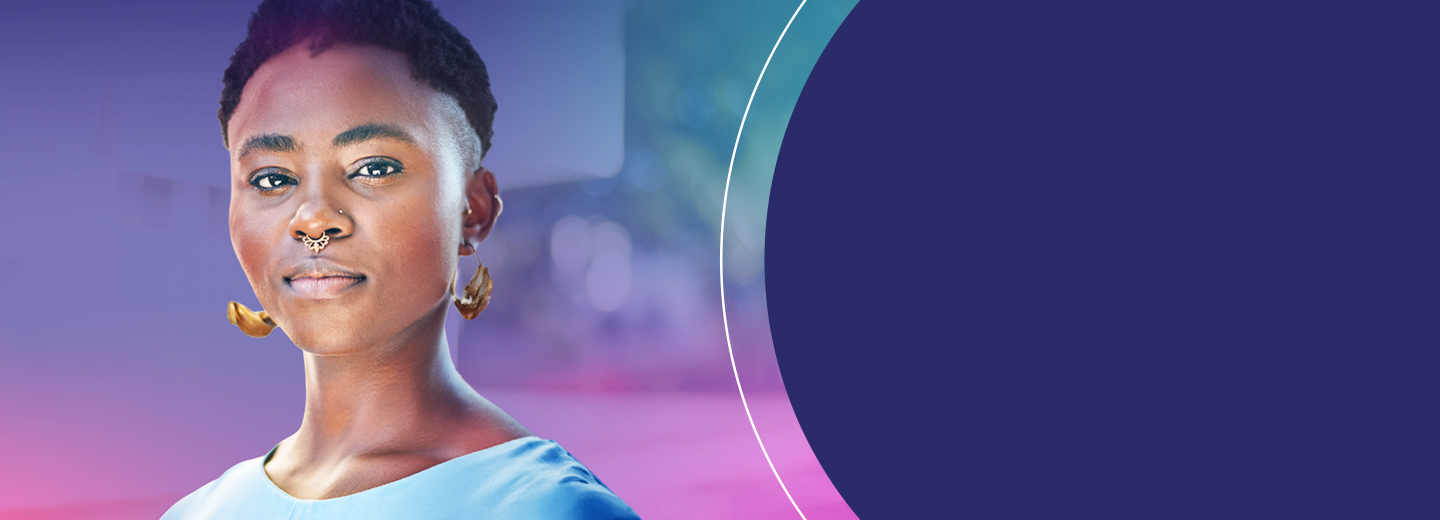 Graphic with large circle overlaid on woman in background
