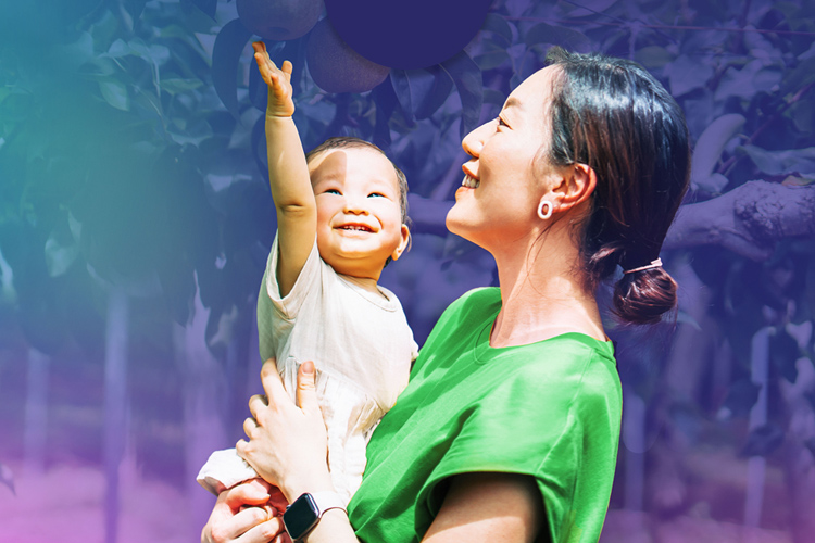 Graphic of woman holding her child on colored background