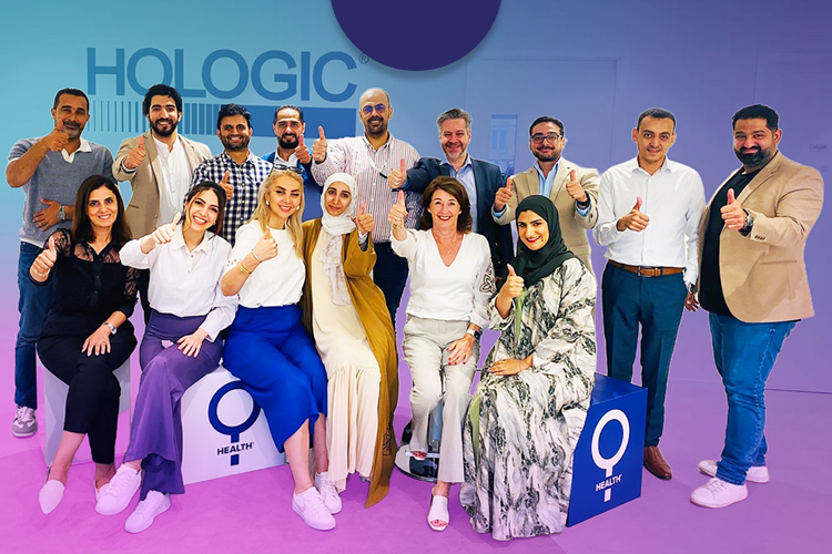 Graphic with group of people on colored background