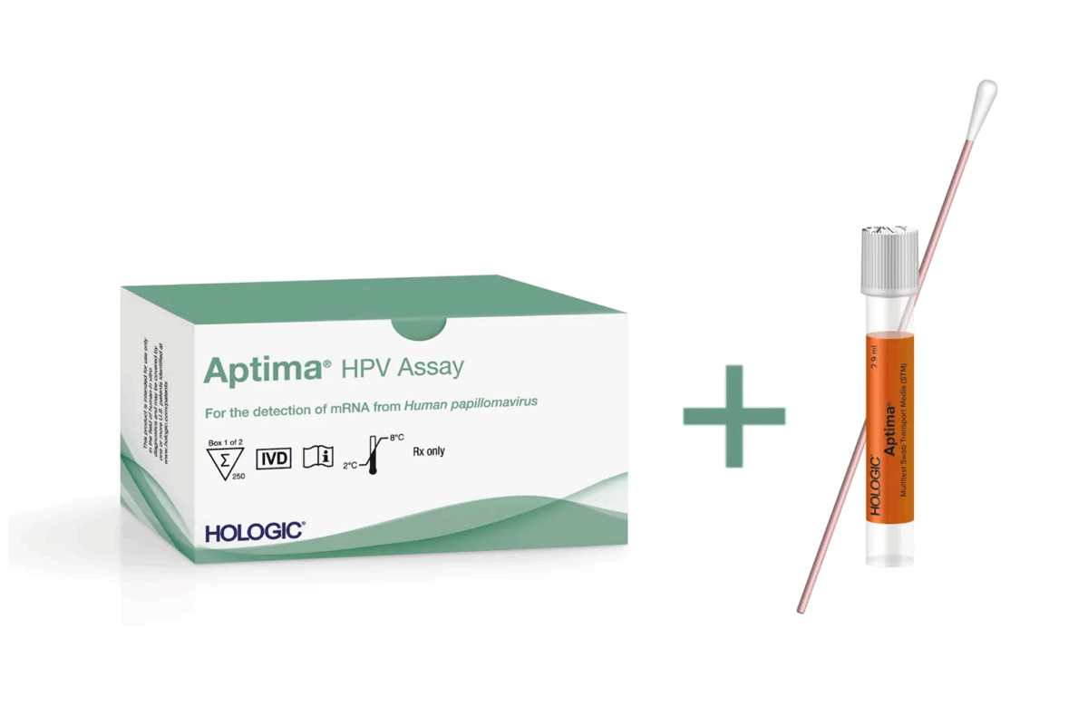 Box with label "Aptima HPV Assay" next to a test tube.