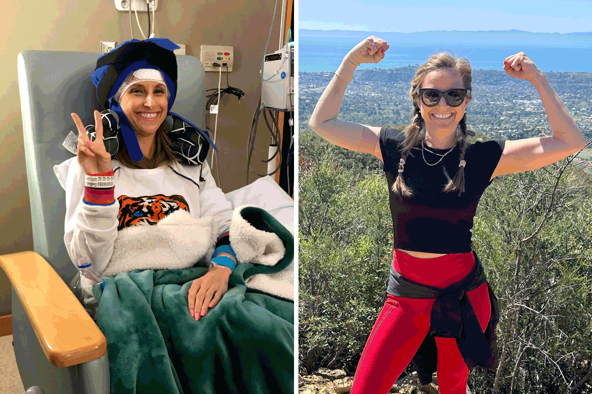 Virginia Carnesale during breast cancer treatment and hiking outdoors