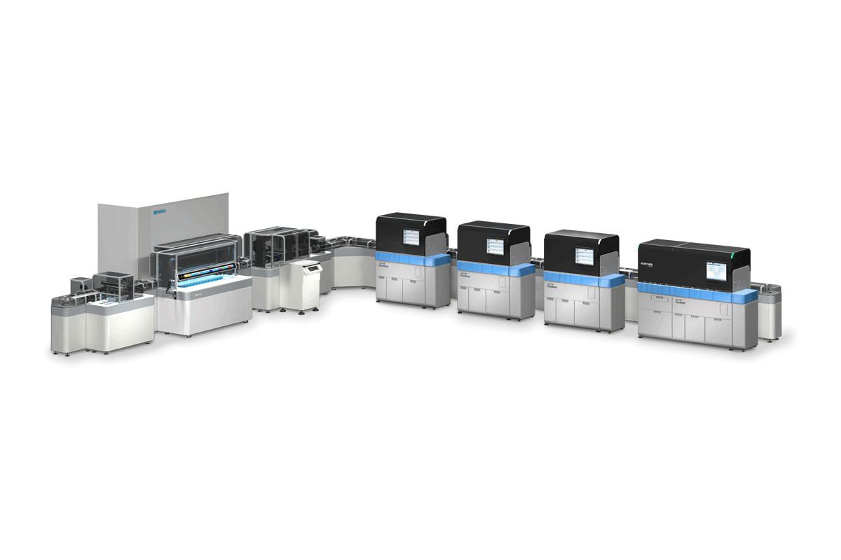 Automated lab diagnostics line: Inpeco specimen processing track connected to a row of Hologic Panther and Panther Fusions.