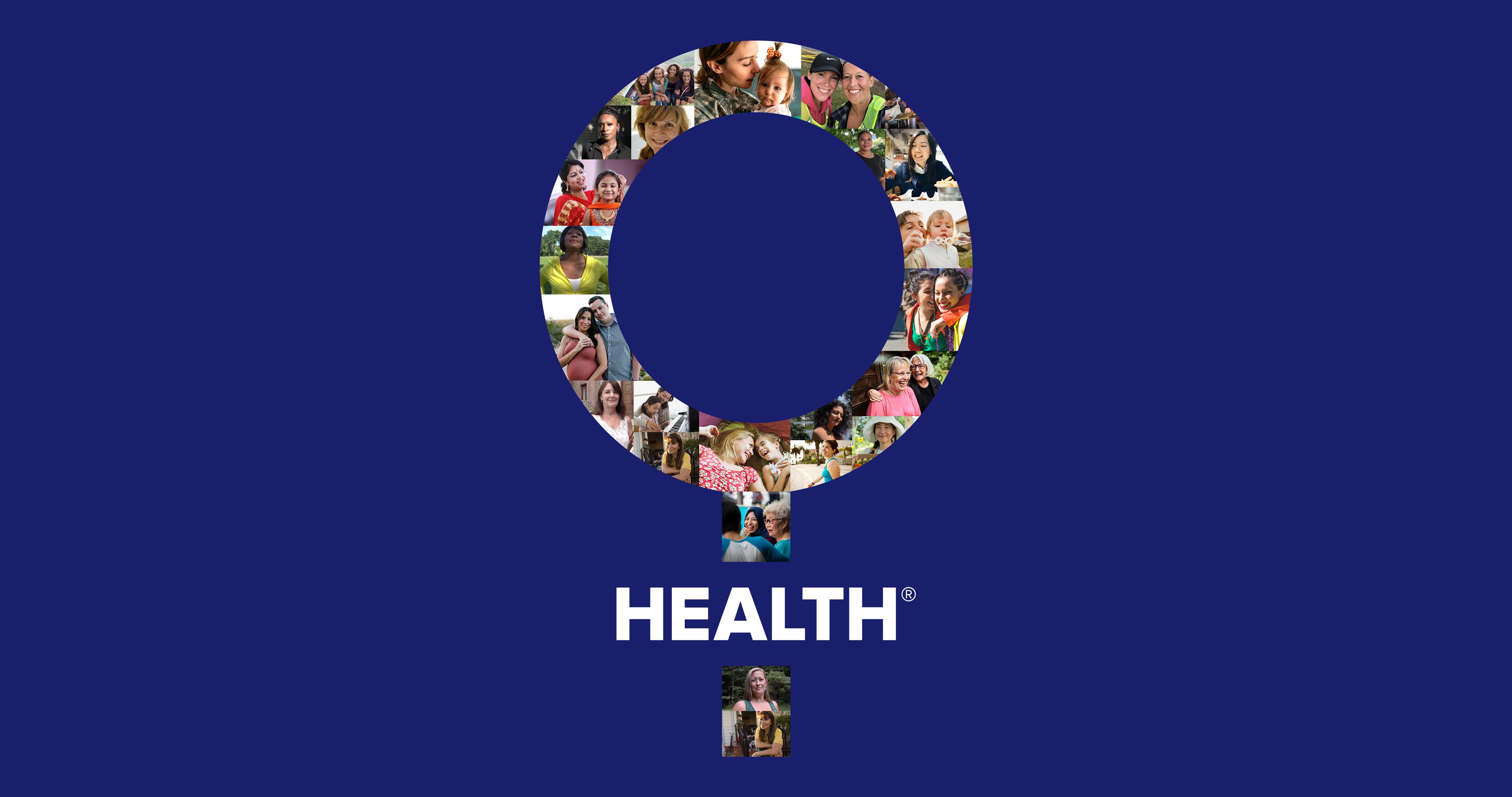 Women's health symbol made up of a collage of pictures on a navy blue background.