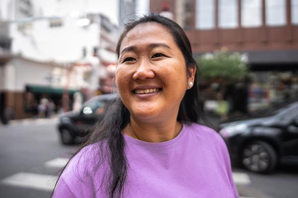 Female in city downtown 