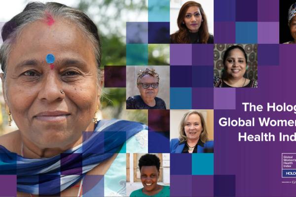 Graphic showing a collage of various women on colored grid background