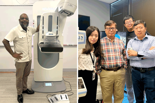 Xiangwei Zhang and members of the Hologic Breast & Skeletal Health R&D team, and Cornell Williams with a Hologic mammography 