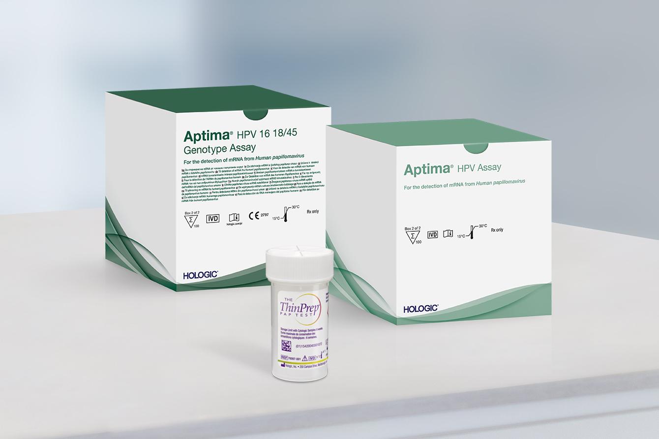 Aptima HPV Assays and ThinPrep on lab table.