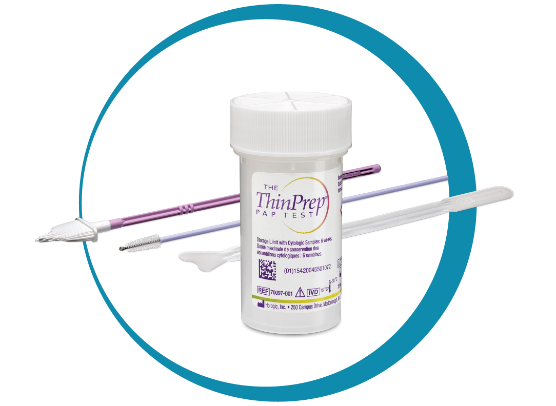Photo showing ThinPrep Pap test sample container, swab and tools
