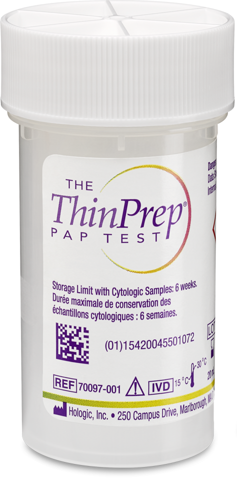 Photo of a ThinPrep pap test collection container.