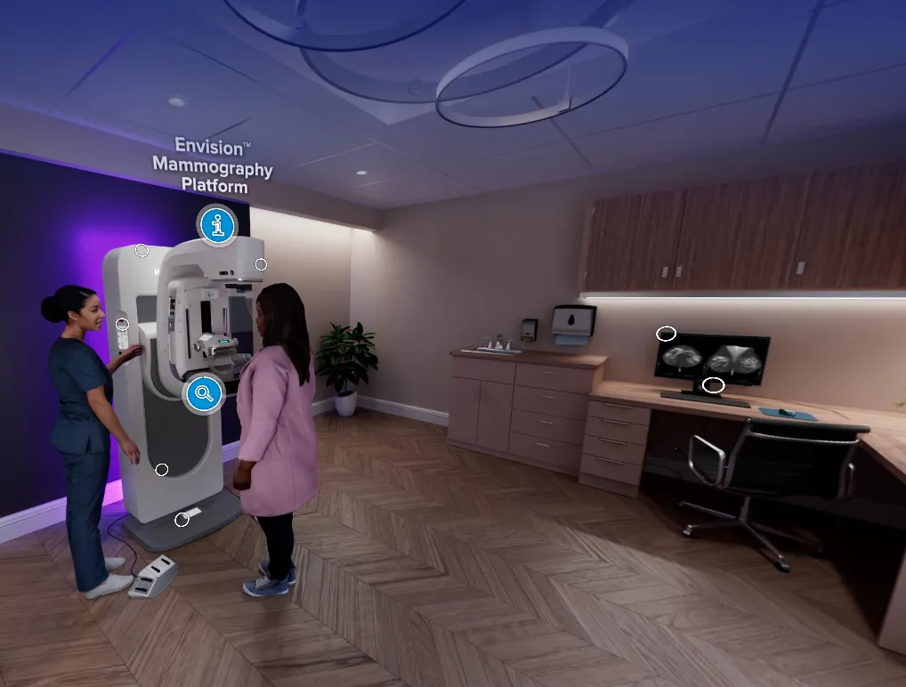 Patient visiting interacting with Envision Mamography platform with the help of a physician