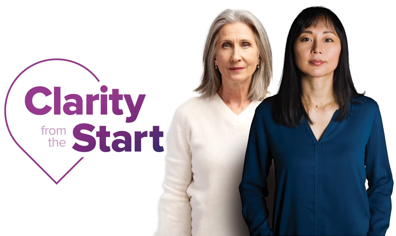 Women smiling with graphic overlay on a white background