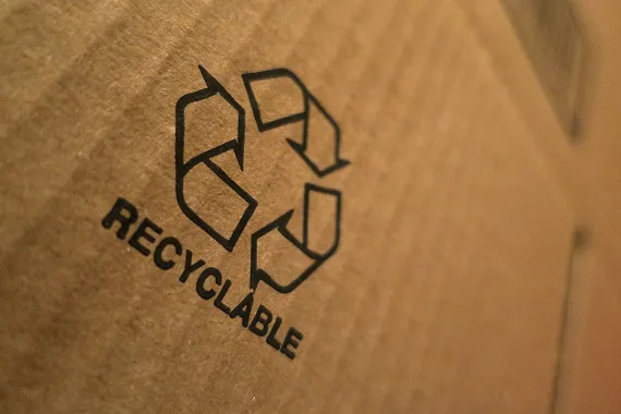 Close up photo of Recyclable logo on side of box.