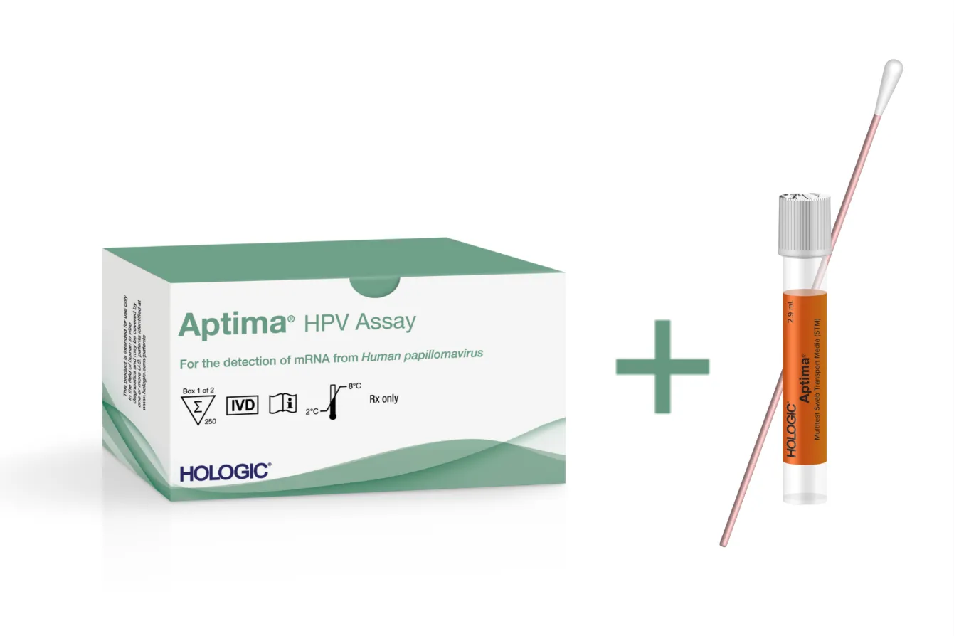 Box labeled "Aptima HPV Assay" next to test tube.