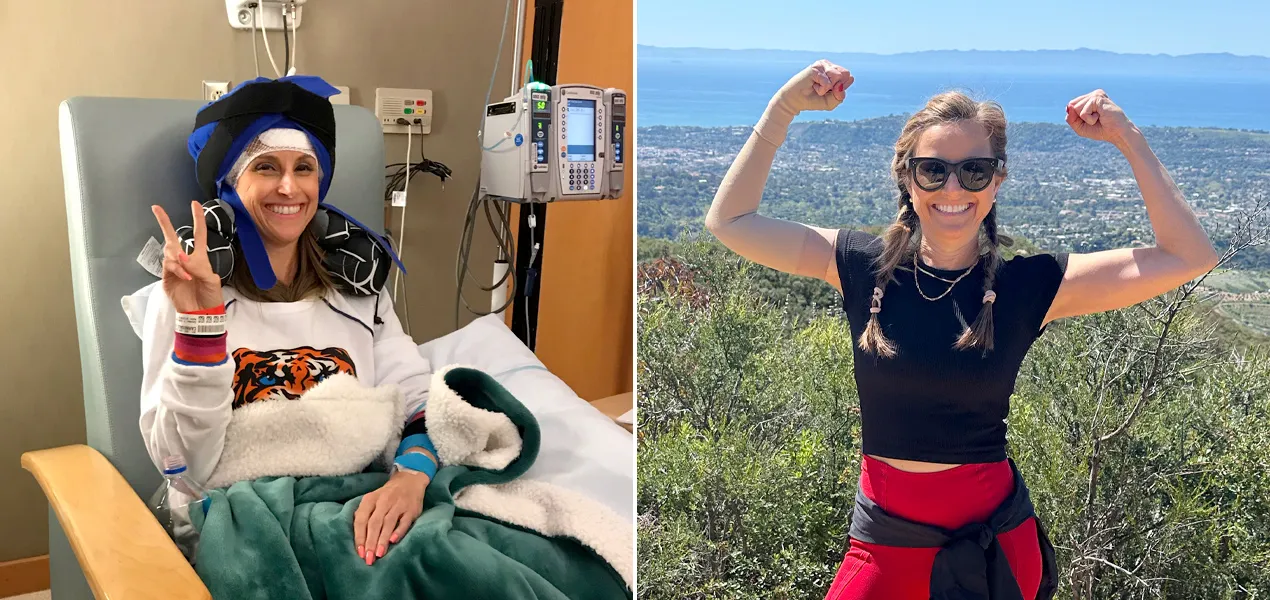 Virginia Carnesale during breast cancer treatment and hiking outdoors
