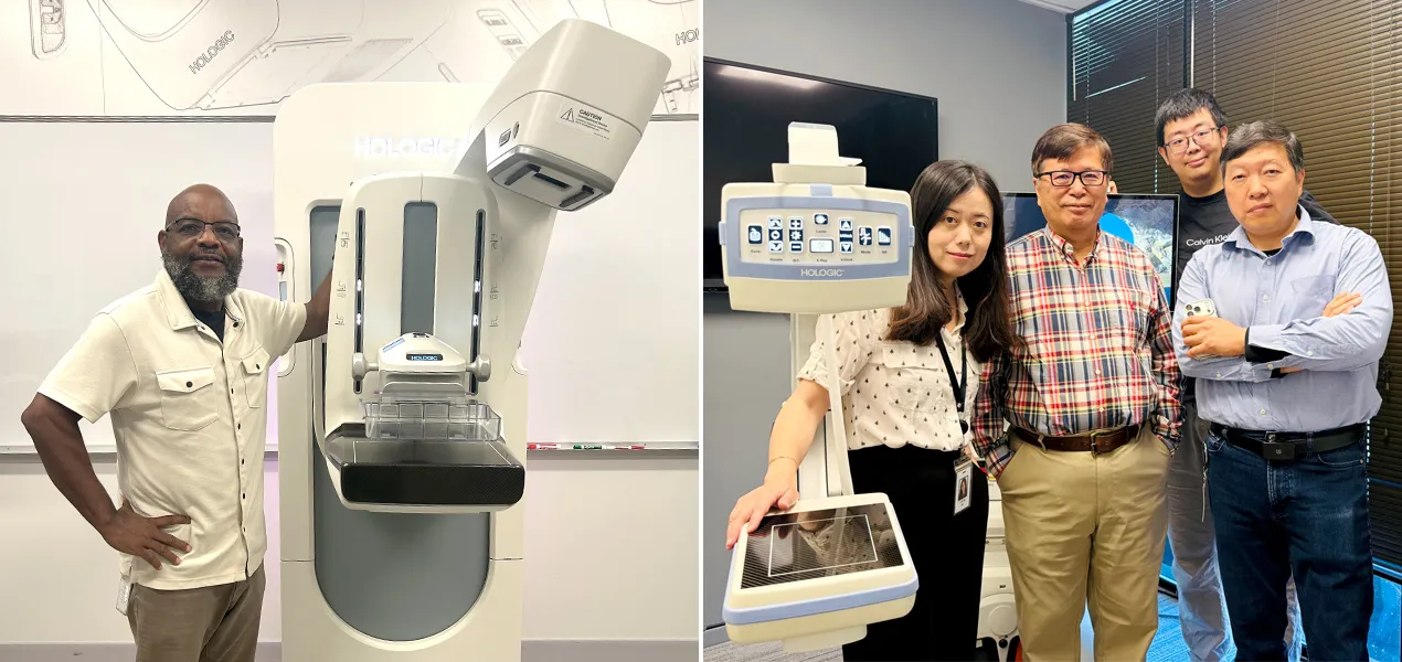 Xiangwei Zhang and members of the Hologic Breast & Skeletal Health R&D team, and Cornell Williams with a Hologic mammography system