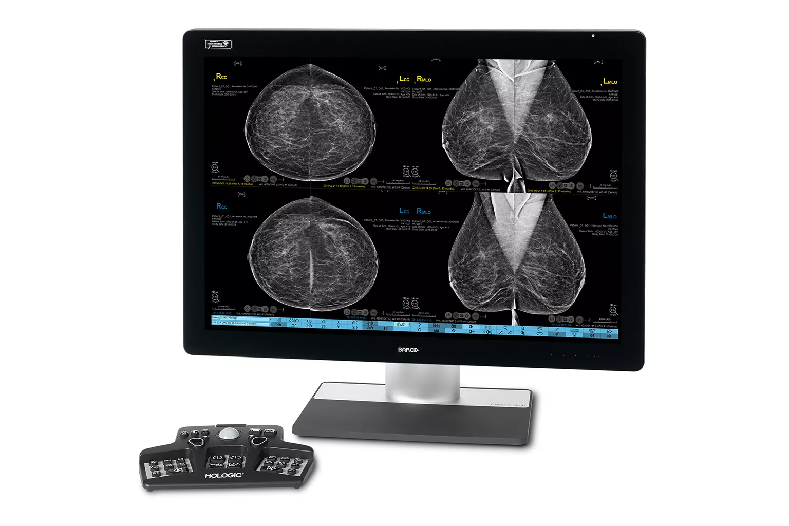 Monitor showing breast scan images with controller on white background